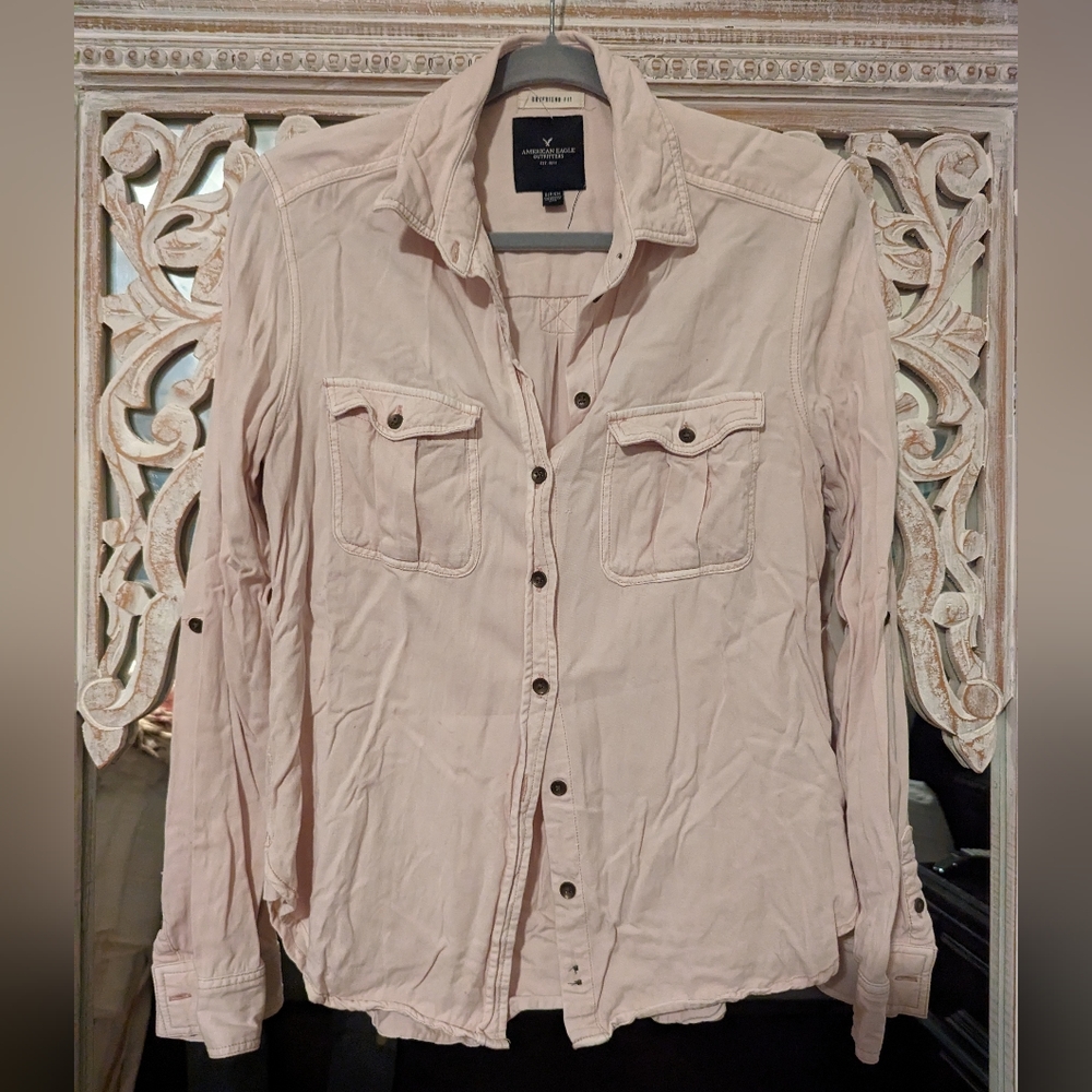 American Eagle boyfriend utility pink military shirt
